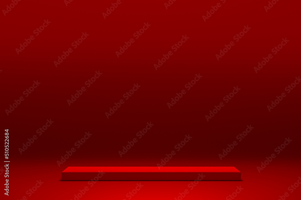 Poster red platform for showing product. empty podium or pedestal display on red background with stand conc