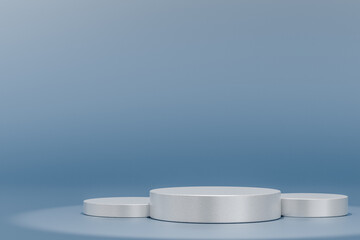 Empty podium or pedestal display on blue background with cylinder stand concept. Blank product shelf standing backdrop. Perfect stages for any product