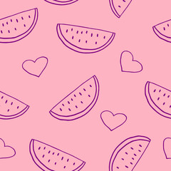 watermelon seamless pattern. hand drawn vector illustration in doodle style. minimalism. wallpaper, textile, wrapping paper, background. juicy, fresh, fruits, summer, food.