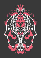 Illustration visage symétrie, émotion psychologie santé mentale  Rorschach, spiritualité âme croyance, double dualité, activité cérébrale, dessin rouge et noir
