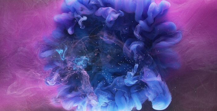 Ink water drop. Color mist flow. Logo reveal effect. Blue pink fume mix motion on purple abstract art background shot on Red Cinema camera 6k.