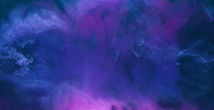 Glitter cloud. Ink water drop. Universe stardust. White particles motion on blue purple mist grain texture abstract background shot on Red Cinema camera 6k.