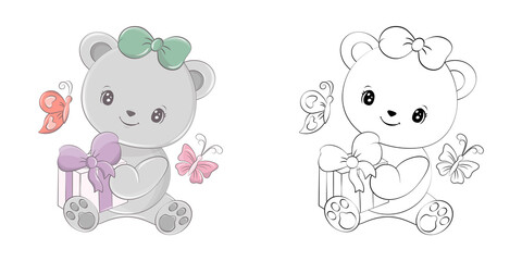 Cute Bear Clipart Illustration and Black and White. Funny Clip Art Bear with Gift Box. Vector Illustration of an Animal for Coloring Pages, Stickers, Baby Shower, Prints for Clothes