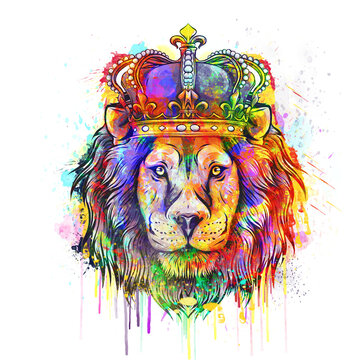 Watercolor lion head with Crown, abstract lion
