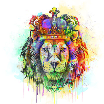 abstract lion head with crown, watercolor lion, colorful lion