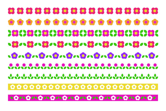 Set of decorative lines of flowers in colorful and cute style. Labels, tapes, lines, stickers.