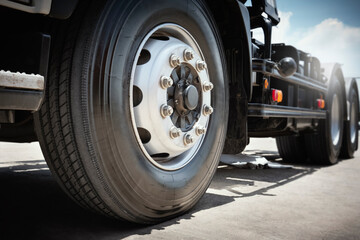 Obraz na płótnie Canvas Front of Semi Truck Wheels Tires. . Rubber, Vechicle Tyres. Freight Trucks Cargo Transport Logistics. Auto Repair Service Shop. 
