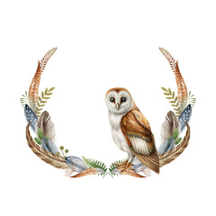 Barn owl on a boho style wreath. Watercolor illustration. Hand drawn wildlife forest bird with fern, feathers, herbs elements. Beautiful forest natural boho style decoration