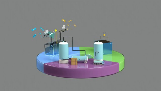 A video showing a fuel cell, hydrogen production, and hydrogen storage. Hydrogen is produced by water electrolysis, hydrogen is stored, and electricity is produced by fuel cells.