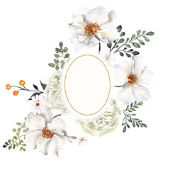 Frame with watercolor white flowers, sea shells, coral and leaves, isolated on white background