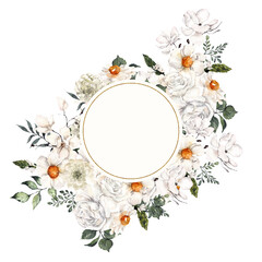 Frame with watercolor white flowers, sea shells, coral and leaves, isolated on white background