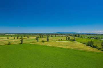 Amazing countryside landscape in nature park Lonjsko polje, Croatia, agriculture fields in summer, aerial view