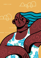 Illustration d'une femme sportive, muscle bronzage tatouage, surf, sport de glisse, plage océan mer, vent dans les cheveux,été vacances chaleur, affiche événement compétition nautique, festival jeune