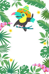 Fototapeta na wymiar Bright tropical background with a cheerful toucan. Vector illustration.