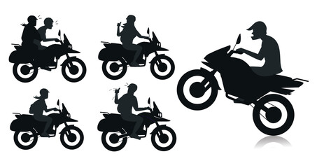 Aggressive driver riding motorcycle and confident woman riding motorbike Silhouettes premium vector