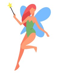 fairy illustration. isolated white background. magic wand, wings, flying, beautiful. flat vector