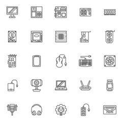 Computer hardware line icons set