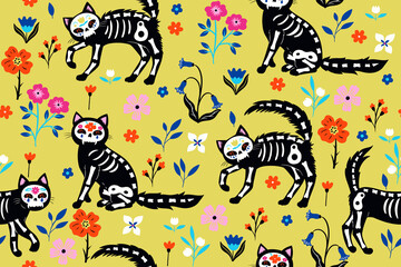 Seamless pattern with skeleton cats and flowers. Vector graphics.