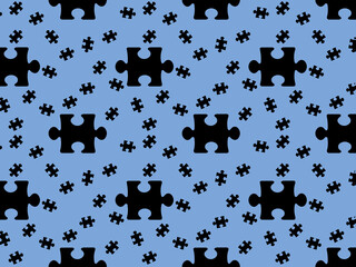 pattern. Image of black puzzle elements on pastel blue blue backgrounds. riddle. Template for application to surface. Horizontal image. 3D image. 3D rendering.