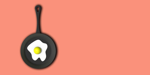 a fried egg in frying pan on pastel red backgrounds. view from above of hot device. chicken egg is grilled. Banner for insertion into site. Place for text cope space. Horizontal image. 