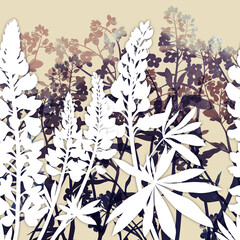 Inflorescences and buds of spring flowers seamless border. Digital art with mixed media texture - watercolour, acrylic. Endless motif for packaging, scrapbooking, textiles, decoupage paper.