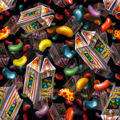 Pattern. Sweet edible beans. Isolated on a black background. Food from the wizarding world. Watercolor drawing.