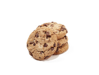 Stacked chocolate chip cookies isolated on white background. Yummy mini dessert, closeup