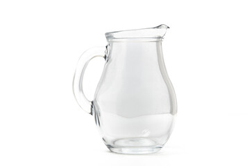 Side view of glass water jug on white background. Space for text, for advertising, menu and printed...