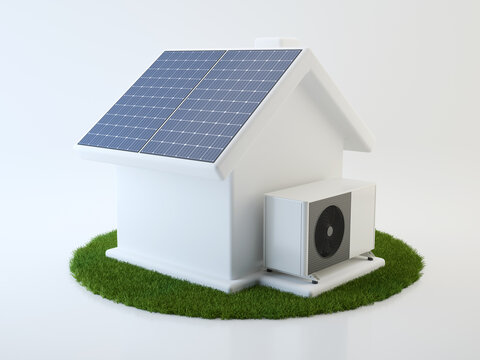 Air heat pump and solar panels. 3D house with alternative sources of energy. 3D illustration