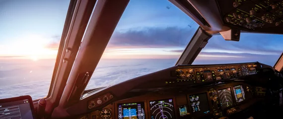 Fototapete Landwasserviadukt Flugzeug cockpit während des Fluges 