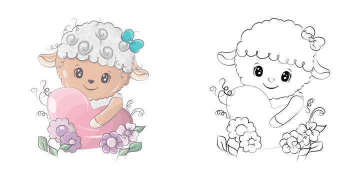 Cute Clipart Lamb Illustration and For Coloring Page. Cartoon Clip Art Sheep Hugging a Heart. Vector Illustration of an Animal for Stickers, Baby Shower, Coloring Pages, Prints for Clothes