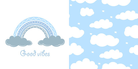 Good vibes. Cute greeting card with colorful rainbow and smiling cloud. Kids room poster, baby nursery, greeting card, clothing.