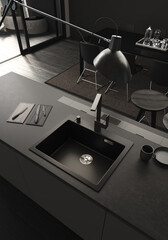 Modern sink in black color, faucet and marble. Studio lighting. dark parquet. kitchen decoration