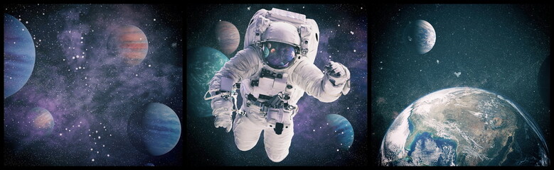 Astronaut in space in the solar system Earth. Blue light on background. Elements of this image...