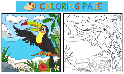 coloring pages or books for children. cute toucan illustration on beach background