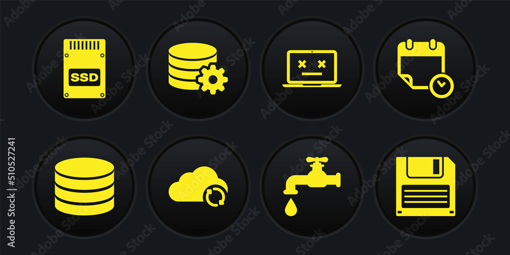 Poster set database, calendar and clock, cloud sync refresh, water tap, dead laptop and setting database se