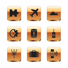 Set Piece of puzzle, Algorithm, Suitcase for travel, Voice assistant, Clock and gear and Mountains icon. Vector