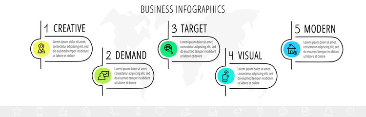 Modern and simple line vector illustration. Infographic template with five circles, elements, sectors and percentages. Designed for business, presentations, timeline, web design 5 step diagrams