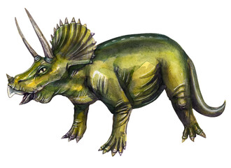 Prehistoric drawing of a Triceratops dinosaur in watercolor on a white background.