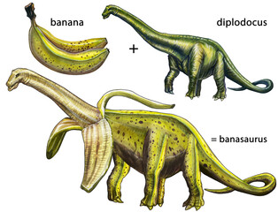A fun mix of banana fruit and diplodocus dinosaur. Watercolor drawing isolated on a white background.