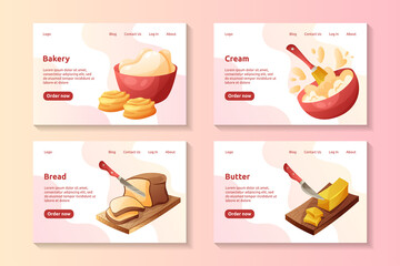Set of web pages for homemade cuisine, cooking or culinary courses, restaurants or cafe. Vector cartoon illustration.