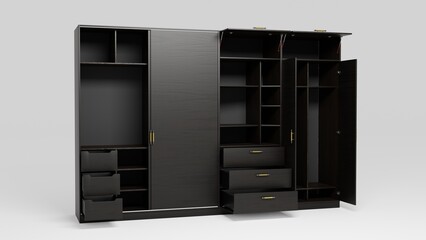 Modern wardrobe with open doors on a light background. 3d illustration. Furniture manufacturing