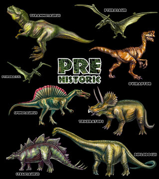 There are many dinosaurs of different types and classifications. Prehistoric animals. Watercolor drawing on a black background.