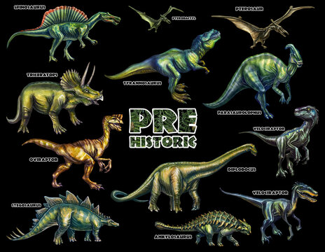 Huge set of different types of dinosaurs with titles isolated on black background. Watercolor drawing of prehistoric reptiles.