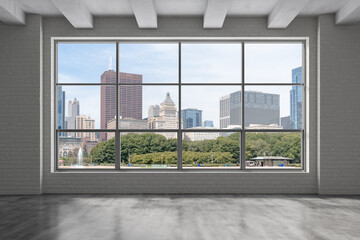 Downtown Chicago City Skyline Buildings from High Rise Window. Beautiful Expensive Real Estate overlooking. Empty room Interior Skyscrapers View in Penthouse Cityscape. Day time. 3d rendering.