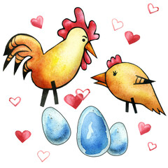 A series of drawings about the family. Funny baby beloved. Husband and wife. Chicken and rooster, eggs are good future parents. Parents and children. Feathers. Watercolor painting.