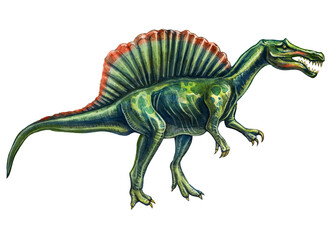 Prehistoric drawing of a spinosaurus dinosaur in watercolor on a white background.