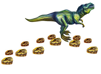 Fototapeta premium Tyrannosaurus dinosaur footprints. Fossils are prehistoric. Traces in minerals. Watercolor drawing.
