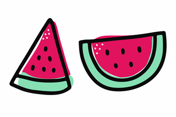 Watermelon slice isolated on white background. Doodle fresh kawaii fruit. Colorful bright summer juicy food. Hand-drawn sweet treat image. Cute red, pink melon with seeds. Vector stock illustration - obrazy, fototapety, plakaty