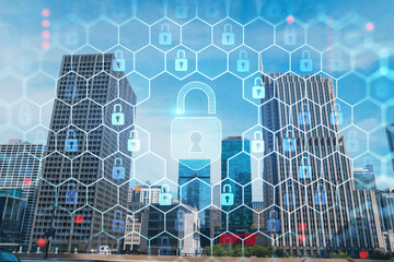 Panorama cityscape of Chicago downtown and Riverwalk, boardwalk with bridges at day time, Chicago, Illinois, USA. The concept of cyber security to protect companies confidential information